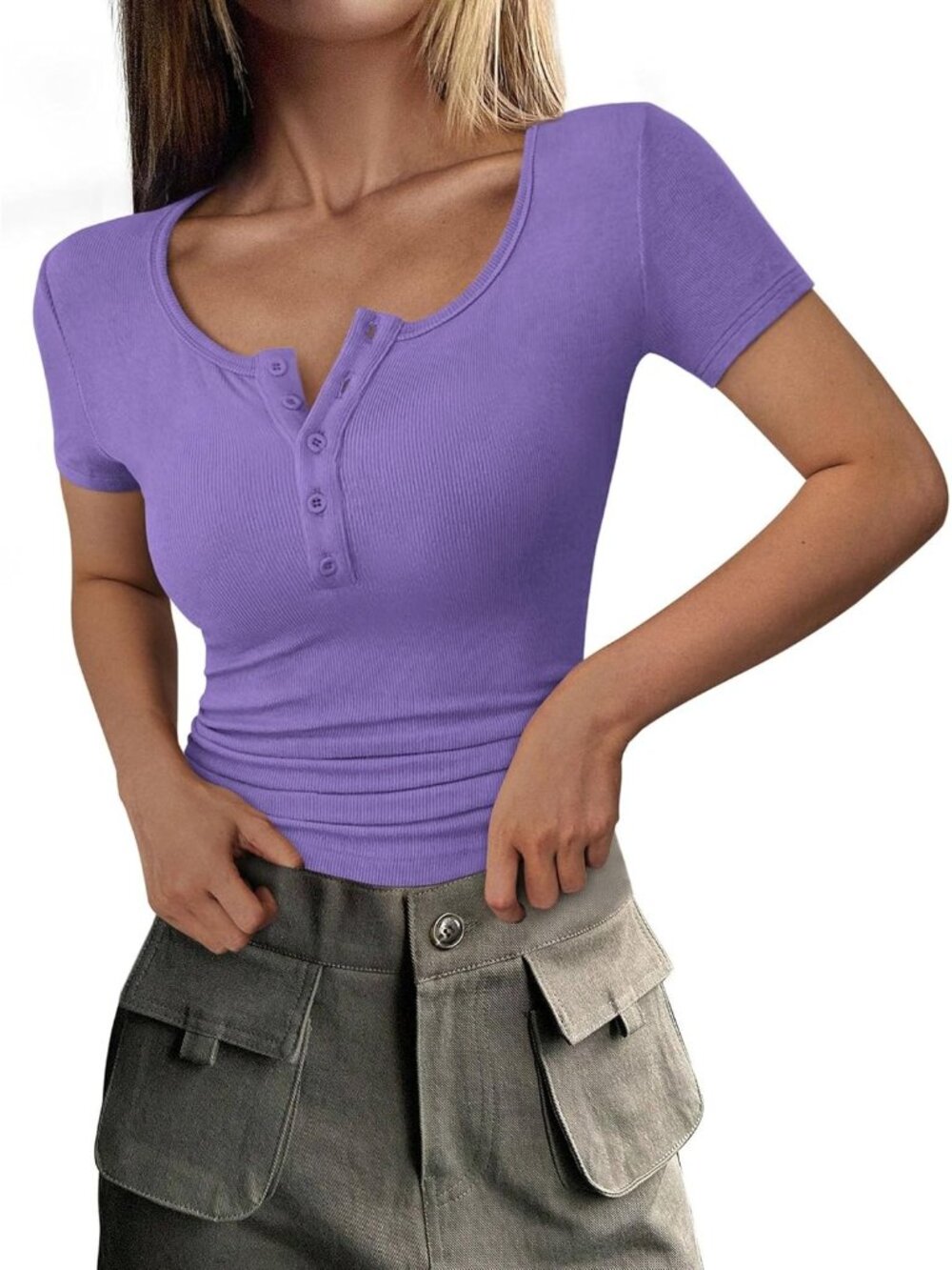 Women's Grey Purple Short Sleeve Ribbed Henley Button Slim Fit Casual T Shirts